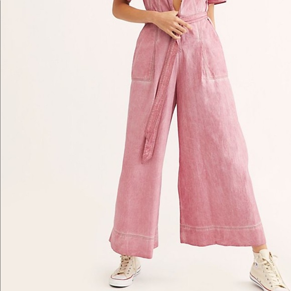 Free People Pants - Pink wide leg bring it back jumpsuit